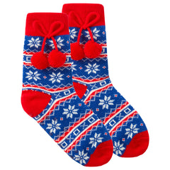 Girls Fair Isle Pattern Lounge Sherpa Fleece Christmas Socks With Pom Pom