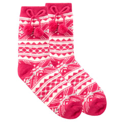 Womens Fair Isle Loungewear Bed Cosy Socks with Sherpa Lining & Pom Pom