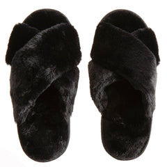 Womens Plush Faux Fur Open Toe Slippers Black