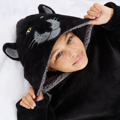 Girls Black Panther Oversized Blanket Fleece Hoodie with Pockets