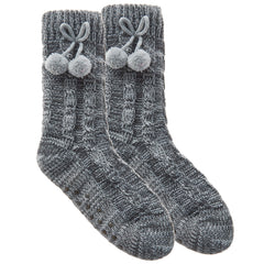 Womens Knitted Warm Winter Bed Socks with Sherpa Lining and Pom Poms