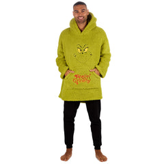 Mens Novelty Grinch Oversized Blanket Hoodie Borg Fleece Green One Size