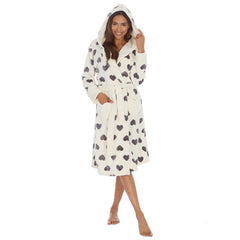 Womans Plush Fleece Dressing Gown Super Soft Heart Design Robe White