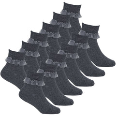 6 Pairs Girls Kids Frilly Socks Organza Lace Frill School Ankle Socks Grey