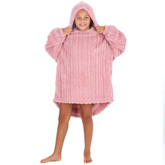 Girls Pink Cable Oversized Blanket Sherpa Fleece Hoodie