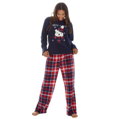 Womans Plush Fleece 2 Piece Polar Bears Checked Pants Lounge Set Navy