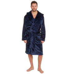 Mens Flannel Fleece Dressing Gown Classic Hooded Robe 3XL 4XL 5XL Blue