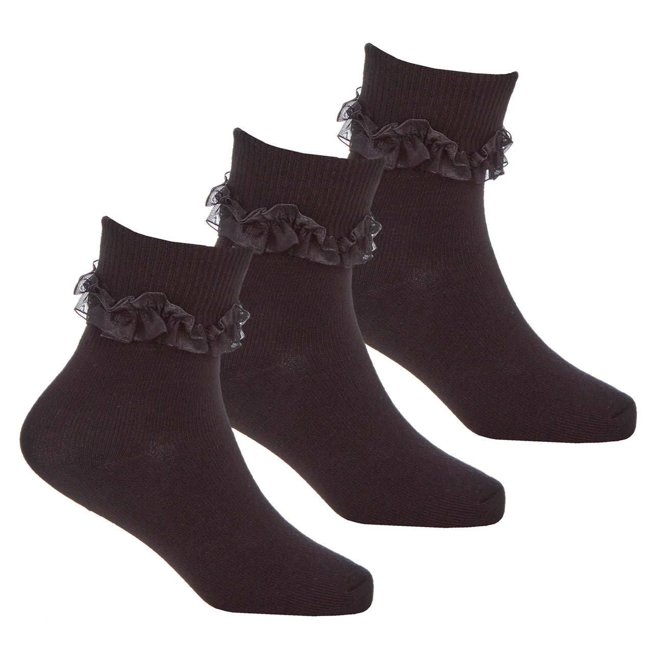 Girls Ankle Socks With Organza Lace Trim Frill 3 Pairs - Black