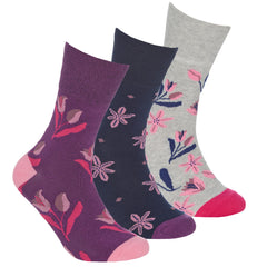 Womens Cotton Rich Comfort Fit Non Elastic Loose Top Floral Socks Mid Calf 3 Pairs