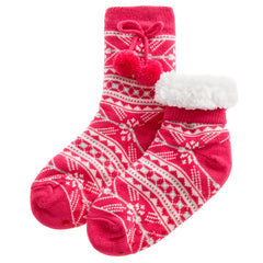 Girls Fair Isle Pattern Lounge Sherpa Fleece Christmas Socks With Pom Pom