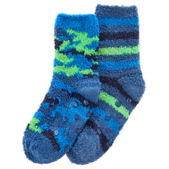 Boys Camo Cosy Fluffy with Non Slip Grippers Winter Socks Blue 2 Pairs