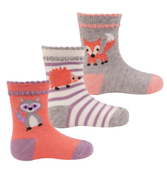 Baby Girls Scallop Edge Novelty Socks 3 Pairs Orange Fox