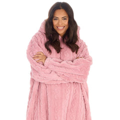 Womens Pink Oversize Hooded Blanket Cable Sherpa Fleece Blanekt Hoodie One Size