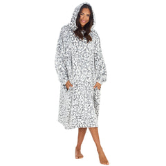 Womens Grey Leopard Hooded Poncho Longline Wearable Blanket with Side Pockets