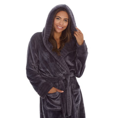 Womans Faux Fur Dressing Gown Thick Warm Hooded Robe Dark Grey