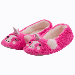 Womens Novelty Faux Fur Unicorn Slippers Hot Pink