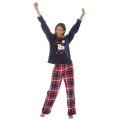 Womans Plush Fleece 2 Piece Polar Bears Checked Pants Lounge Set Navy