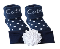 Newborn Baby Girls Socks Booties With Flower Headband Set Navy