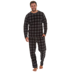 Mens Microfleece Long-Sleeved Pyjamas Checked Design Lounge Sets Black