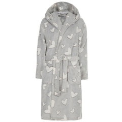 Womans Soft Fleece Dressing Gown Heart Design Hooded Robe Light Grey