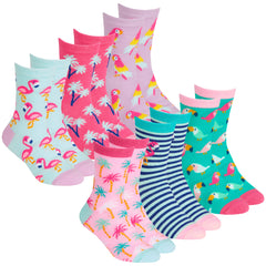 Girls Novelty Cartoon Crew Socks Tropical - 6 Pairs