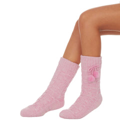 Womens Knitted Warm Winter Bed Socks with Sherpa Lining and Pom Poms