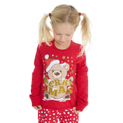 Kids Christmas Long Sleeved Teddy Pyjamas Family Lounge Sets Red