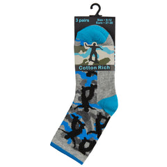 Boys Camo Skateboard Print Socks 3 Pairs Grey Camo